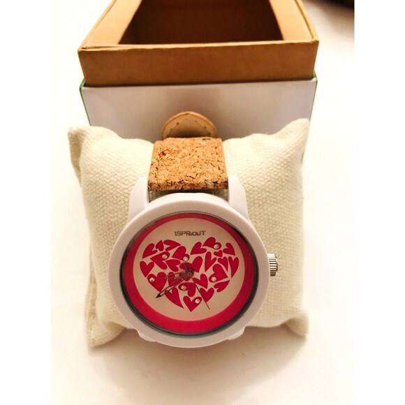 SPROUT eco-friendly watch Pink Hearts White Resin Case w Tan Cork Strap NIB - Picture 2 of 5